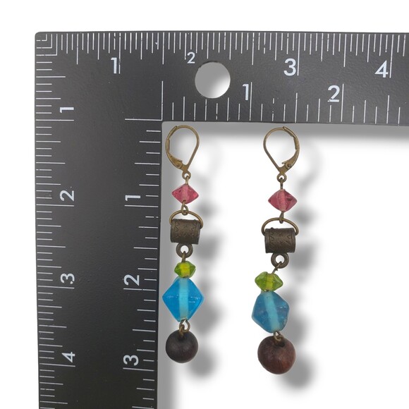 Brass Tone Dangle Drop Long Earrings Mixed Bead Leverback Boho - Picture 6 of 6